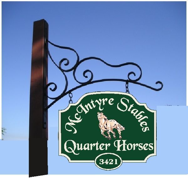 M4758  - Cedar Wood 4" x 4" Post with an Ornate Curved Wrought Iron Scroll Bracket with Hanging  HDU  Sign for McIntyre Stables
