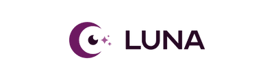 LUNA logo, a purple illustration of an crescent moon shape with a small shape in the center, looking like an eye. Three stars appear to the right of the moon/eye image with the text "LUNA"