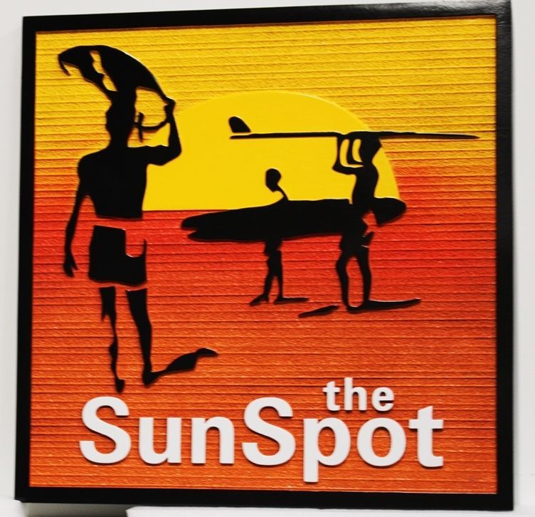 L21703 - Carved and Sandblasted Wood Grain HDU Beach House Sign, "The Sunspot” , with Three Surfers Carrying Surfboards  at Sunset as Artwork.