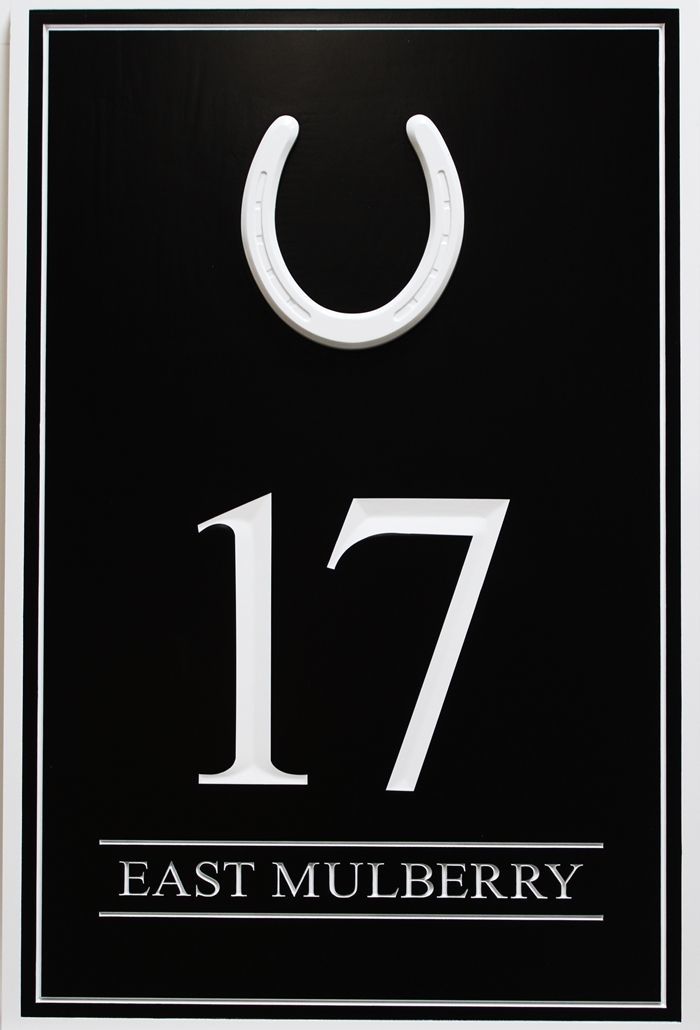 I18925 - Engraved HDU Address  Sign "17 East Mulberry", with a Horse Shoe as Artwork