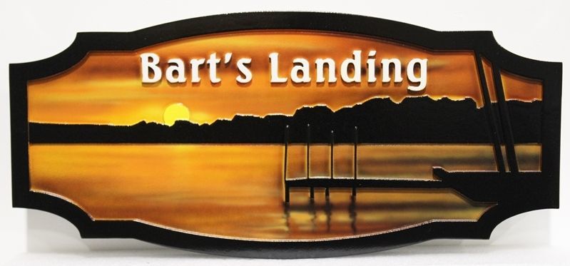 M22318 - Beautiful Carved 2.5-D  Relief HDU  Property Name  Sign for  "Bart's Landing".a Lake and Mountain Scene at Sunset as Artwork 