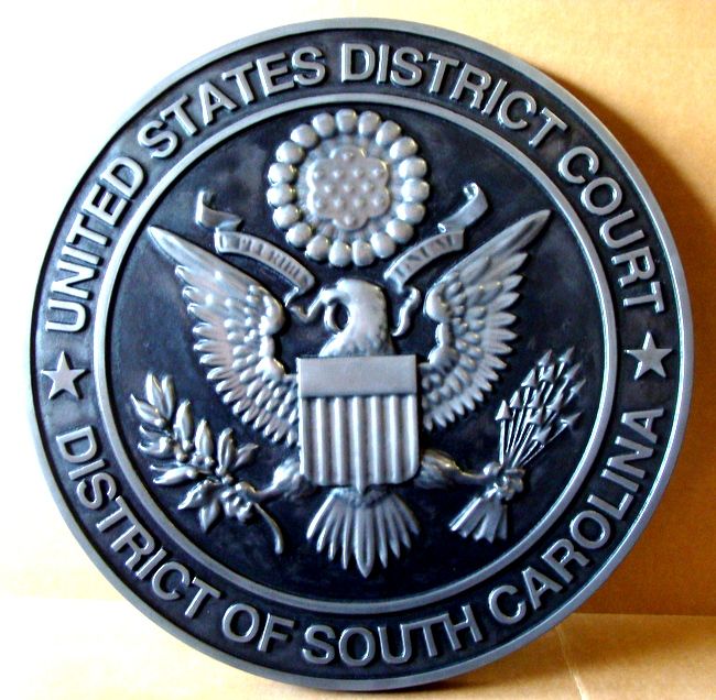 A10826 - Carved 3-D Silver-Nickel  Wall Plaque of Great Seal for US District Court, South Carolina