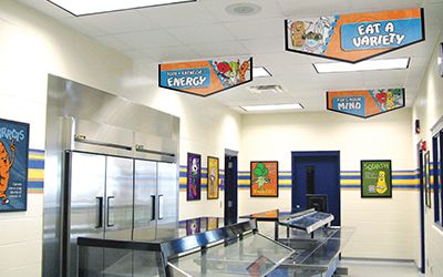 Elementary school cafeteria line with 3 banners hanging from ceiling, encourage healthy eating, custom signs