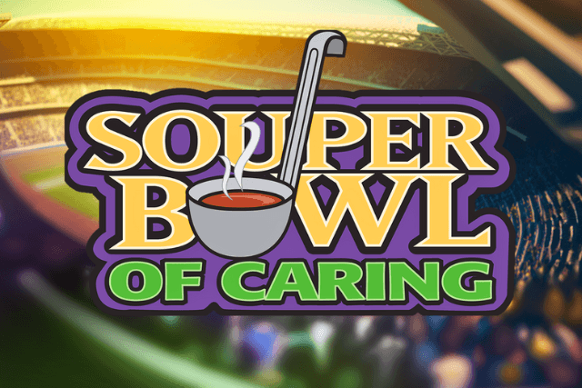 Souperbowl of Caring logo against a football field