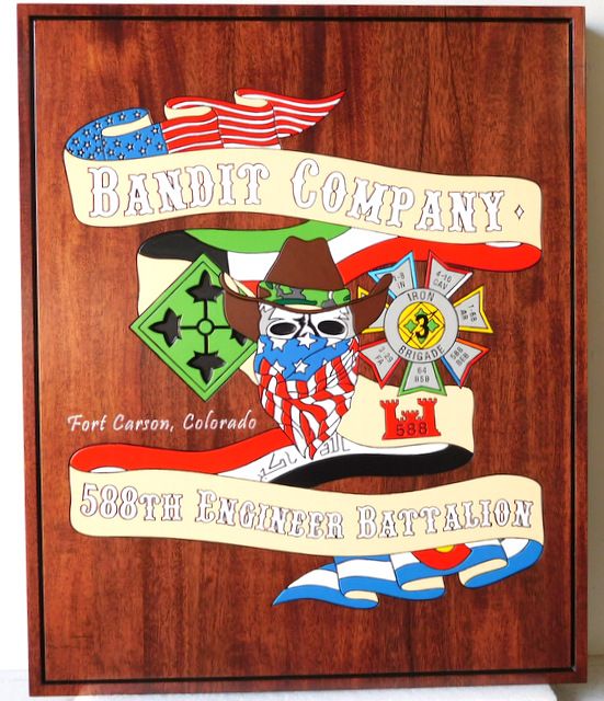 M3110 - Carved Mahogany Plaque for "Bandit Company" "588th Engineer Battalion" (Gallery 31)