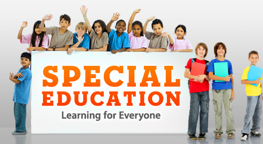Special Education sign "Learning for Everyone" with children standing next to sign