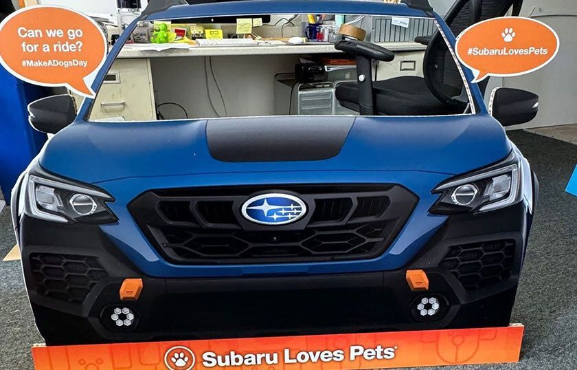 Cardboard cutout of a blue Subaru car front with promotional text about pets.