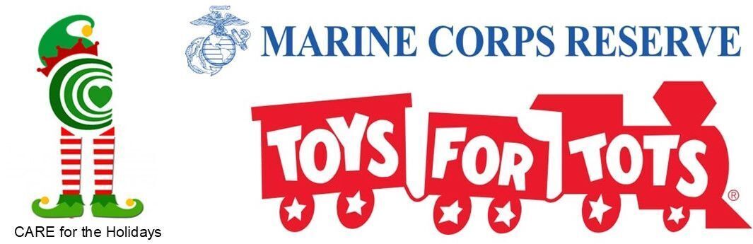 CARE for the Holidays, Marine Corps Reserve, and Toys for Tots logos