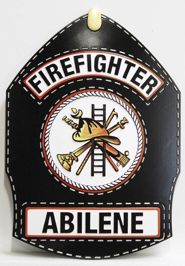 QP-2130 - Carved 2.5-D Multi-Level raised Relief HDU Plaque of the Shoulder Patch  of a Firefighter of the City of Abilene , Texas 