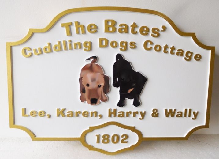 M22936 - Carved  HDU sign for "The Cuddling Dogs Cottage " , with Artist-Painted Dogs as Artwork