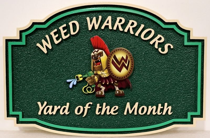 KA20969 - Carved High-Density-Urethane (HDU)  Yard of the Month "Weed Warriors" Sign for the Homeowner's Association (HOA)