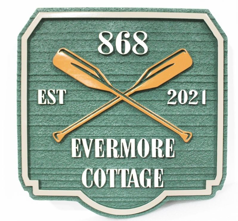 M22451A - Carved Sandblasted Wood Grain Street Address and Property Name Sign for "Evermore Cottage" with Two Canoe Paddles