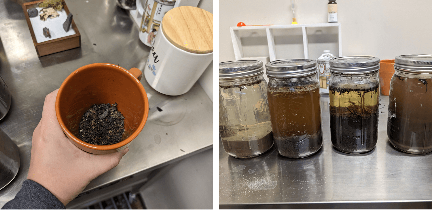 left: mug of used tea leaves waiting for compost, right: 4 jars of different colored soil in water