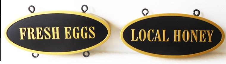 Q25643 - Two Carved  HDU Hanging Signs for "Fresh Eggs" and "Local Honey", with 2.5-D  Carved Raised Text