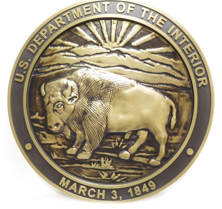 AP-5630- Carved Plaque of the Seal of the US Department of Interior, Brass Plated