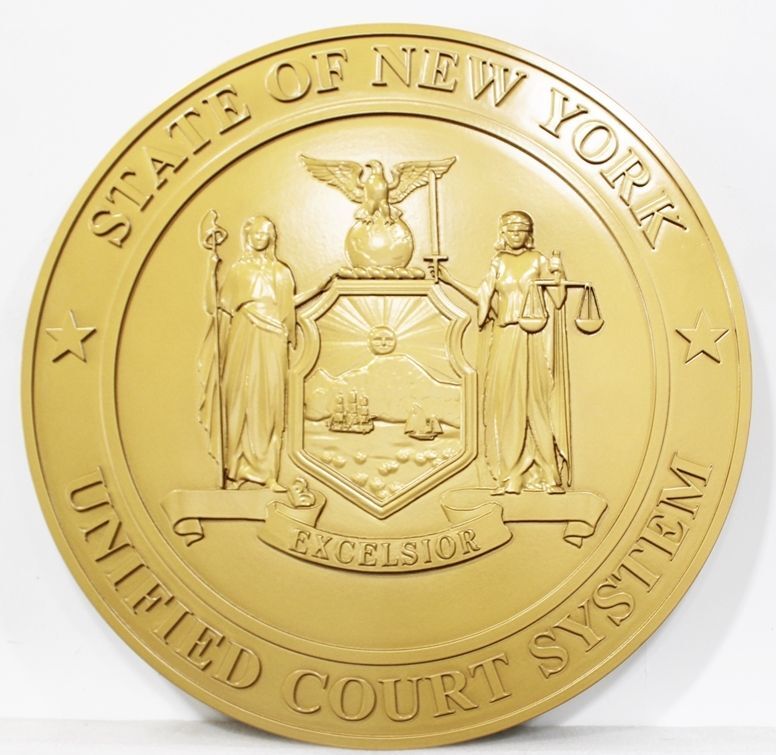 HP-1230- Carved Plaque of the Seal of the New York Unified Court System, Painted Light Gold