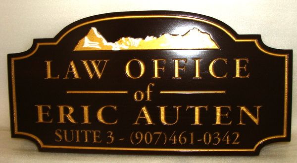 A10003- Gold-Leaf and Black Engraved Wood  Law Office Sign with Mountains