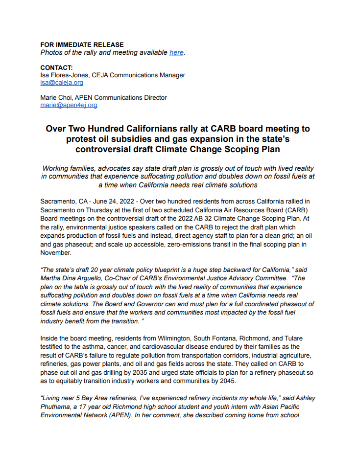 Over Two Hundred Californians rally at CARB board meeting to protest oil subsidies and gas expansion