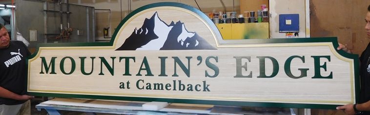 K20215 - Carved HDU Sign,  for  "The Mountain's Edge" Residential Community, with Wood Grain Sandblasted Background