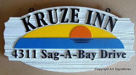 T29147 - Carved and Sandblasted Wood Grain HDU  Hanging "Kruze Inn". Sign,  with Sunset over Sea as Artwork