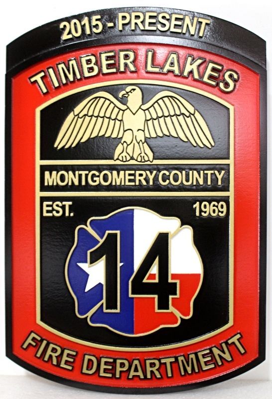 QP-3025 - Carved Red Wall Plaque of Timber Lakes Fire Department Shield Plaque, Montgomery County, Texas, Painted HDU