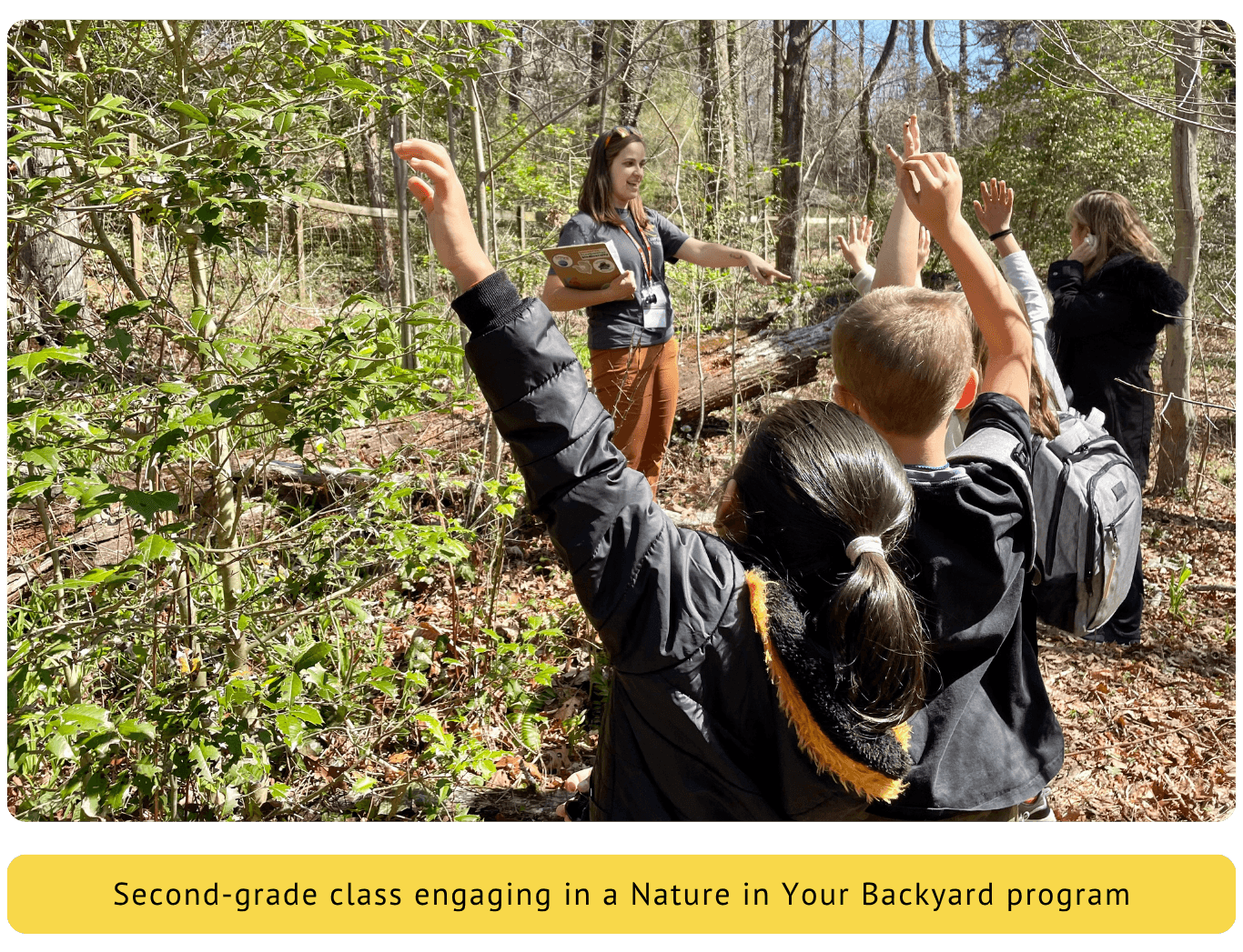 Students engaging with educator during a Nature in Your Backyard program