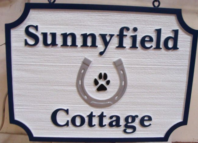 M22029 - Carved and Sandblasted Property Name Sign for the "Sunnyfield Cottage ", with Horseshoe