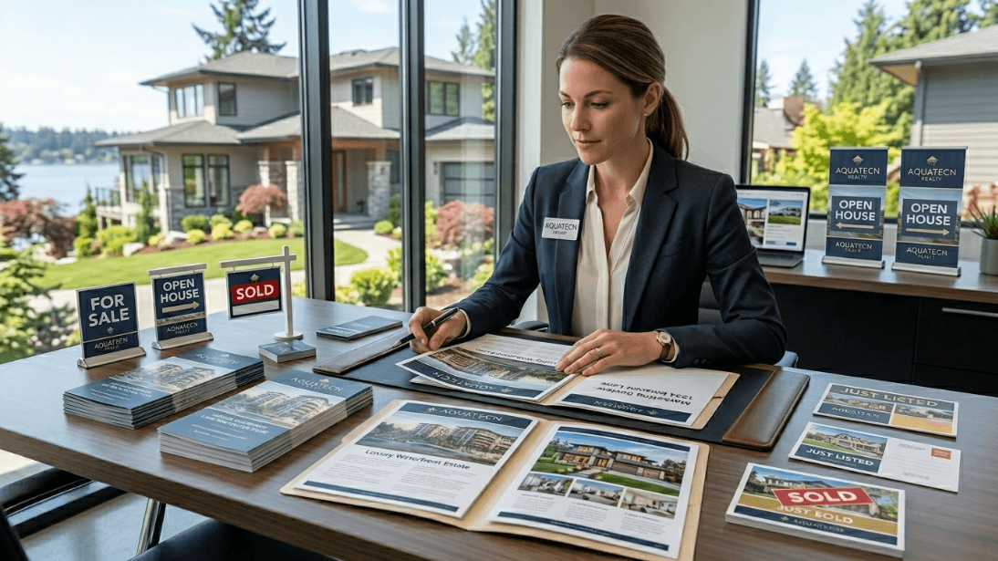 Custom printed real estate brochures and signage for agents and property marketing in Seattle, Bellevue and nearby areas.