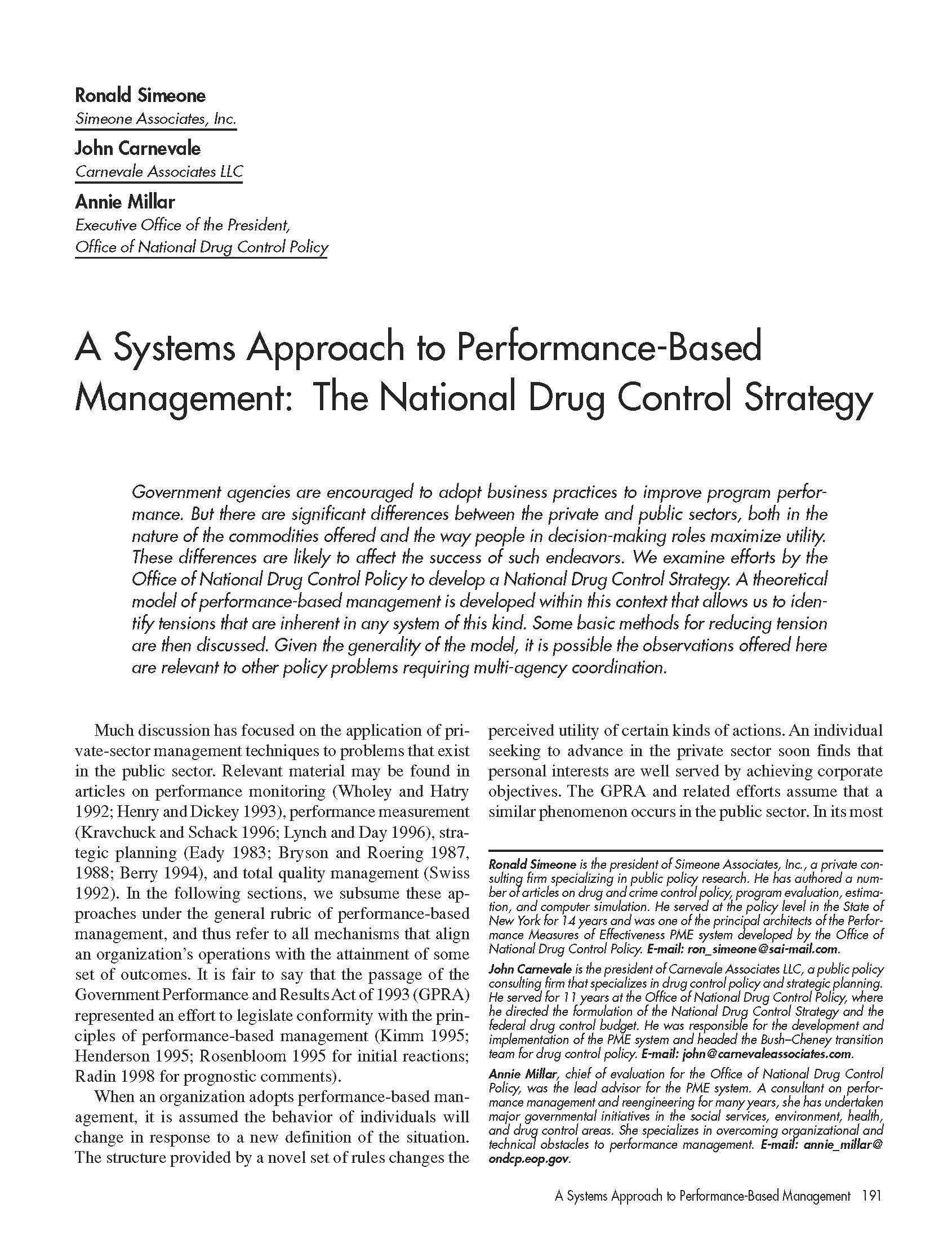 A Systems Approach to Performance-Based Management: The National Drug Control Strategy