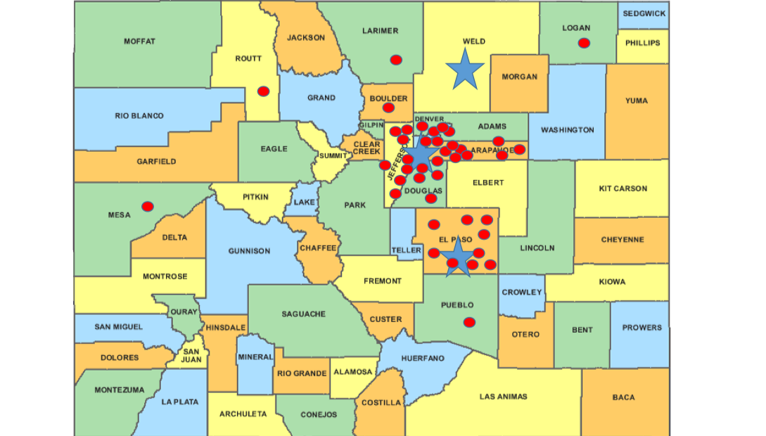 Map showing Colorado counties. One dot in Mesa, Pueblo, Routt, Laimer, Logan, and Boulder. Several dots in Douglas, El Paso, Jefferson, Arapaoe, Denver counties. Stars in Weld, Denver, and El Paso Counties.