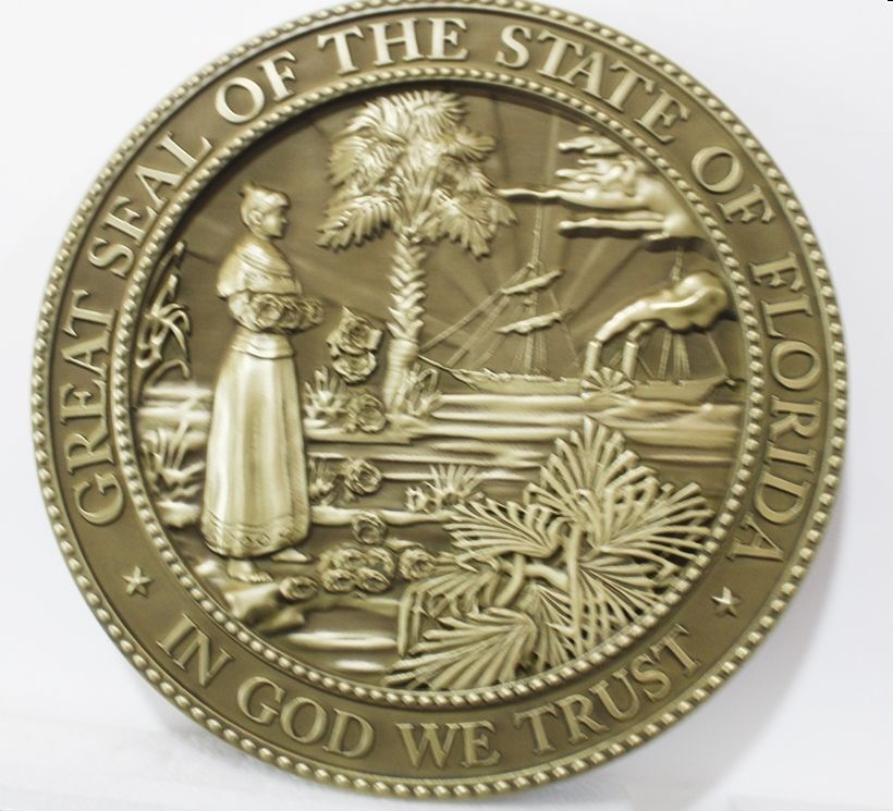 BP-1147 - Carved 3-D Brass-Plated HDU Plaque of the Seal of the State of Florida