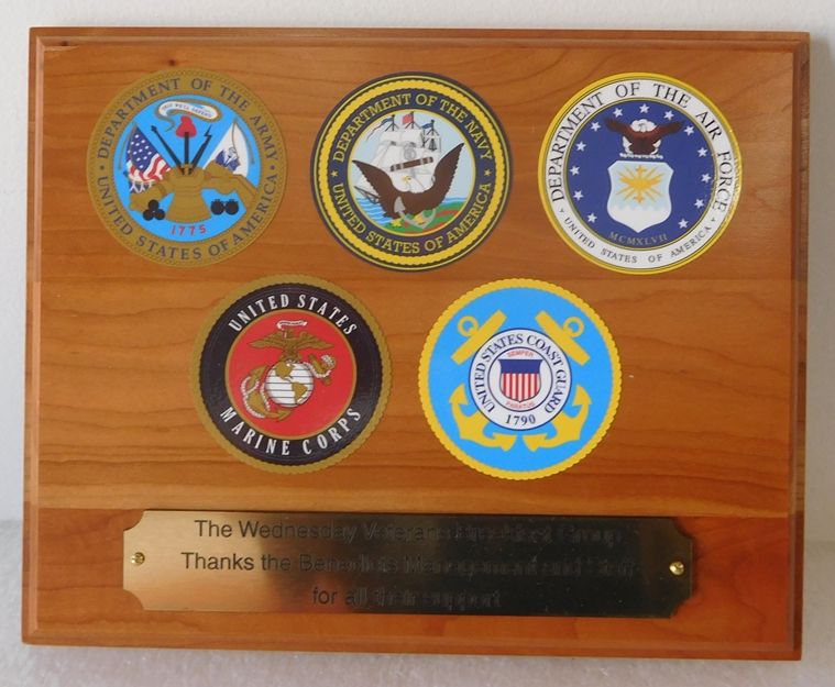 V31011 - Mahogany Plaque with Printed Vinyl Seals of the 5 Armed Forces 
