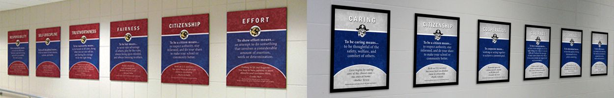 Custom school signs in frames that define character traits, 2 schools shown, red/blue, gray/blue