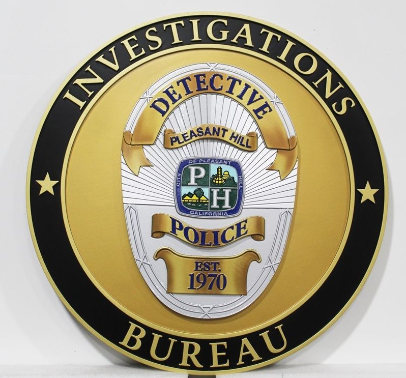 PP-1561 - Carved 3-D Bas-relief Plaque of the Badge of  a Detective of the Investigation Bureau, Pleasant Hill Police,  California 