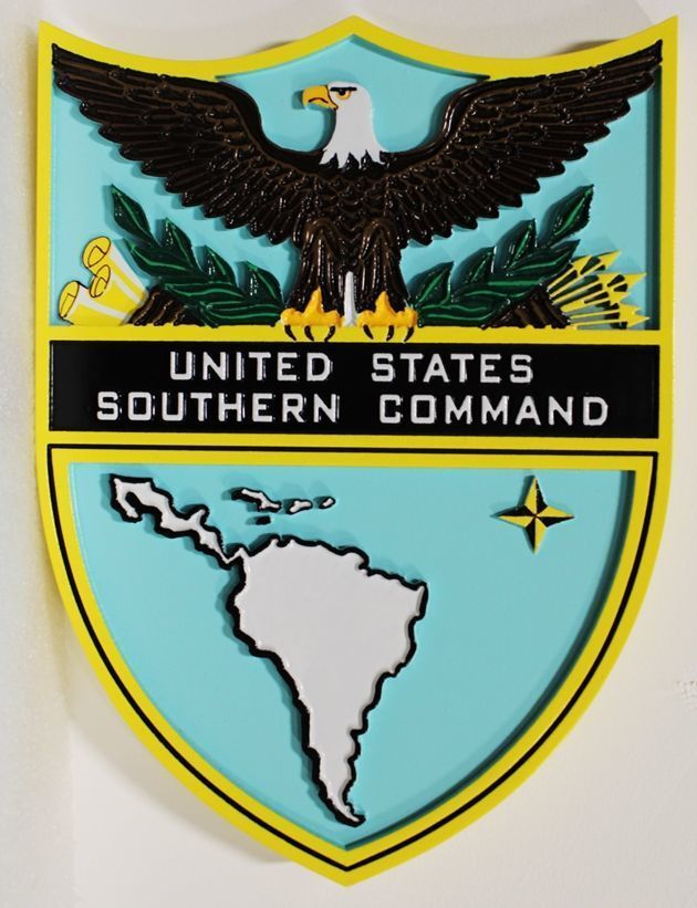 IP-1351 - Carved 2.5-D Multi-Level HDU Plaque of the Seal of the United States Southern Command  