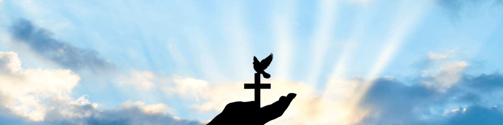 Hand, cross, and dove in front of sunbeams