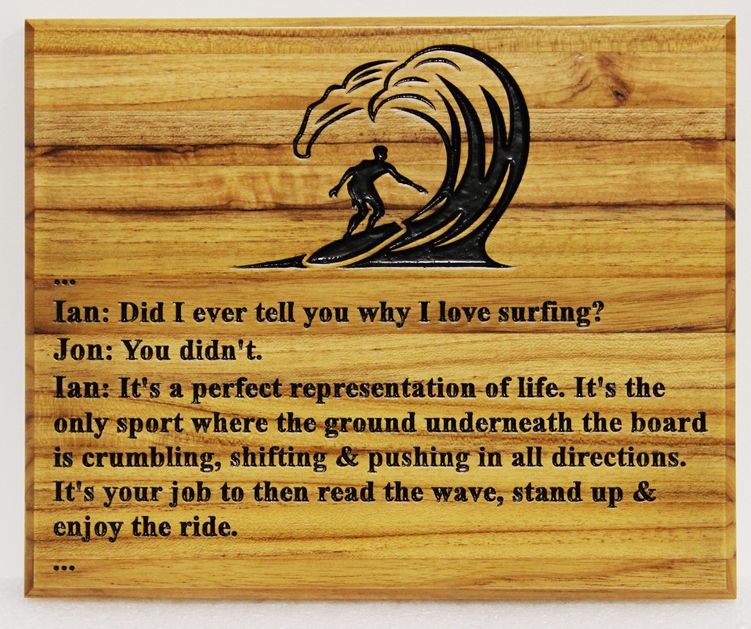 L22411 -   Engraved Cedar Wood Wall Plaque "Why I love Surfing", with Engraved Surfer as Artwork