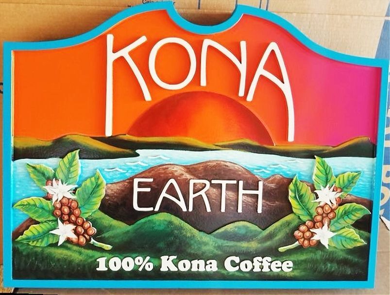 Q25404A  - Carved Sign for "Kona Earth Coffee" with  the Sea , Mountain, and  Sunset Hawaiian Scene  as Artwork