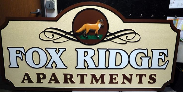  K20072A - Carved Entrance Sign for Fox Ridge Apartments Featuring an Artist-painted 3D Carved  Fox. 