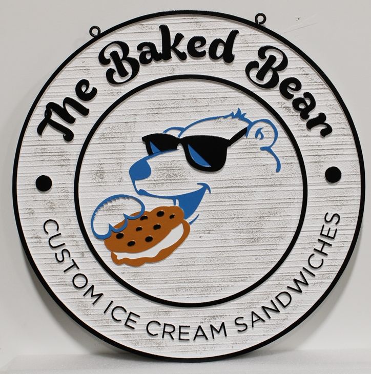 Q25830 - Carved and Sandblasted Old Plank  Background Sign for  "The Baked Bear- Custom Ice Cream Sandwiches" Store , with Logo of Bear Eating an Ice Cream Sandwich as Artwork 
