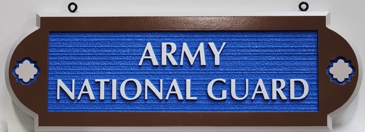 MP-1333 - Carved 2.5-D Raised Relief and Sandblasted Wood Grain HDU Sign for the Army National Guard, with Eyehooks 