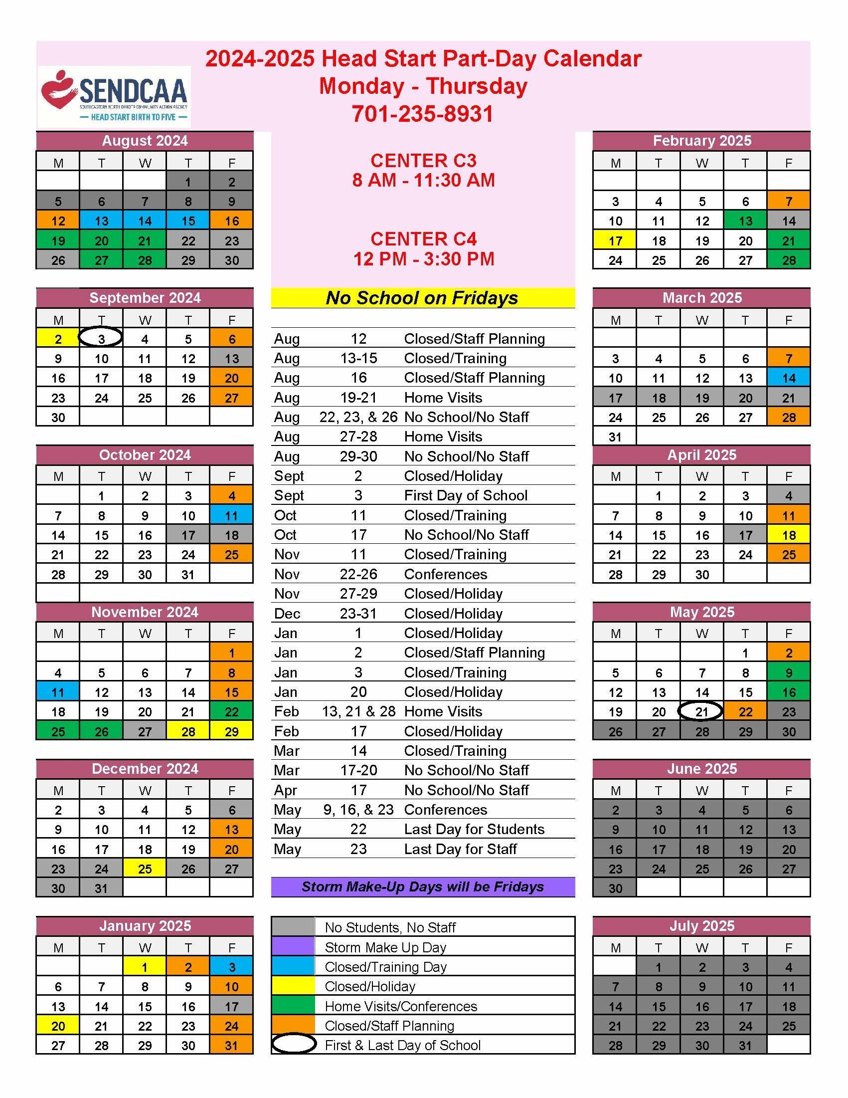 2024-2025 Head Start Part-Day Calendar