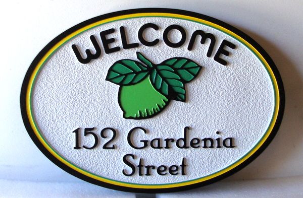 I18338 - Carved and Sandblasted HDU Property Address Sign, with Lime and Leaves 