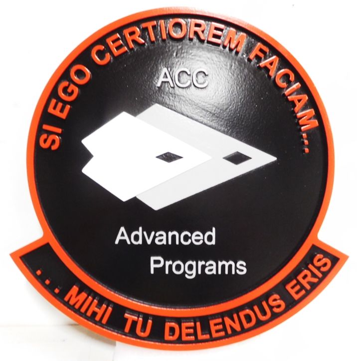 LP-7554 - Carved Plaque of the Crest of the ACC Advanced Programs with Motto "Si Ego Certiorem Faciam..Mihi Tu Delendus Eris", 2.5-D Artist-Painted