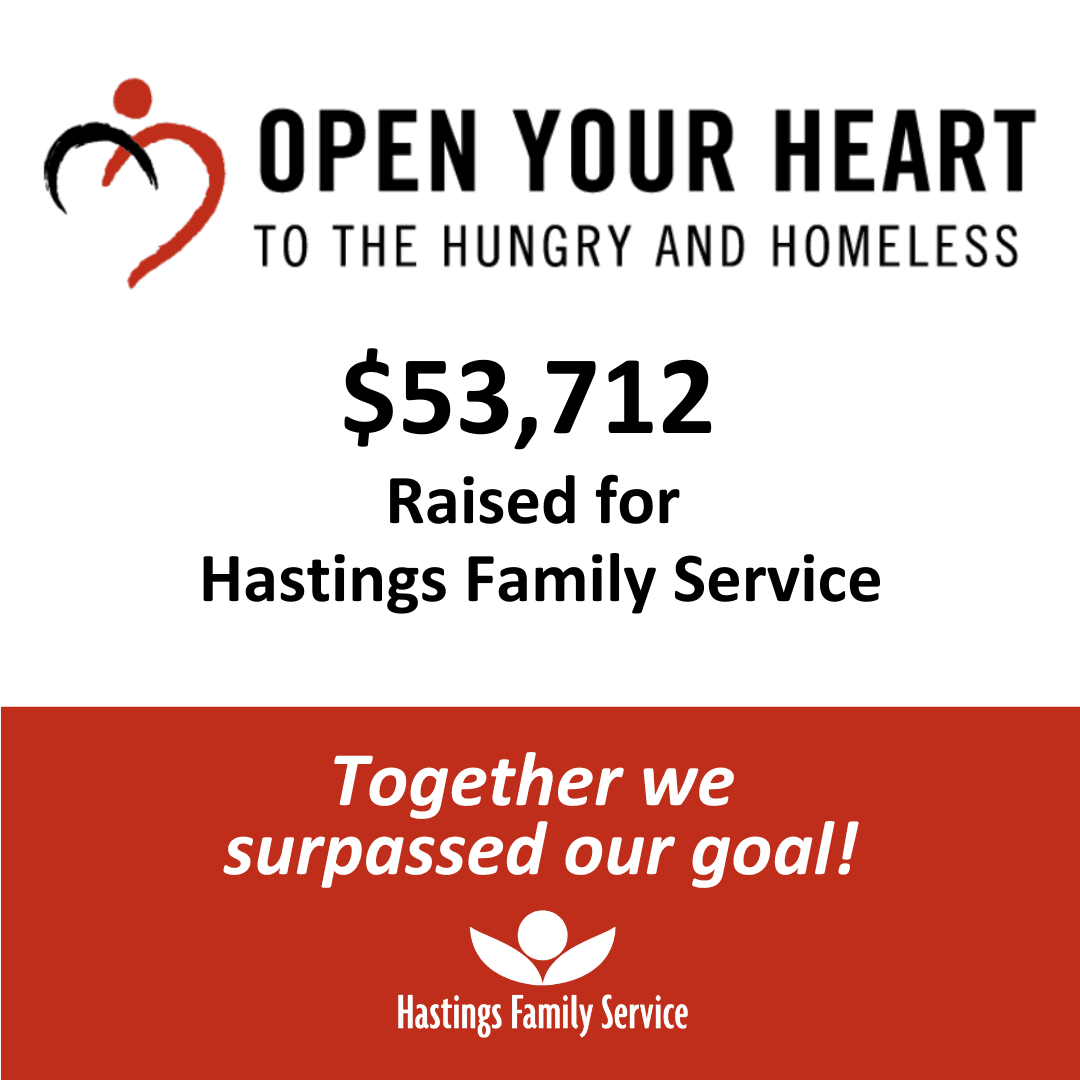 Open Your Heart to the Hungry and Homeless logo, text "$53,712 raised for Hastings Family Service, together we surpassed our goal", HFS logo