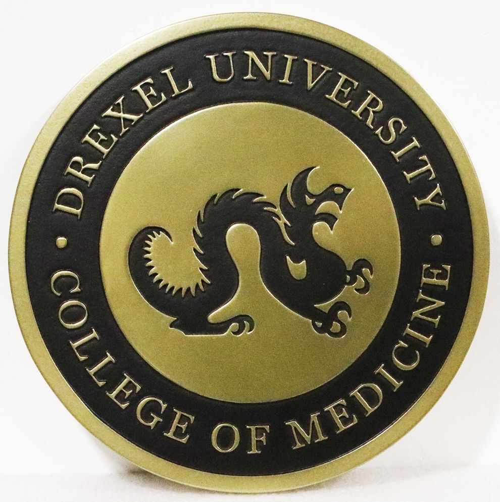 RP1405 - Carved 2.5-D multi-Level Bronze Plated Plaque of the Seal of Drexel University's College of Medicine