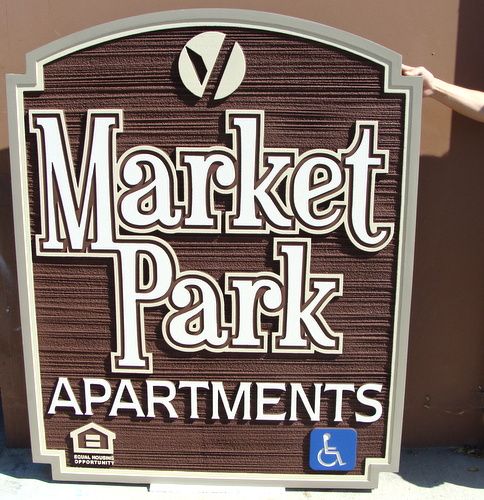 K20226 - Entrance Sign for Market Place Apartments, Sandblasted Wood Grain Urethane (HDU)