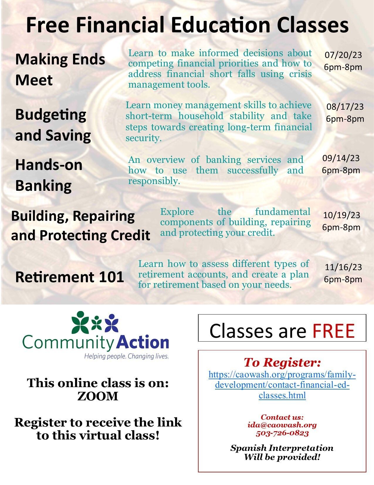 Schedule for Financial Education class with summary of topics. 