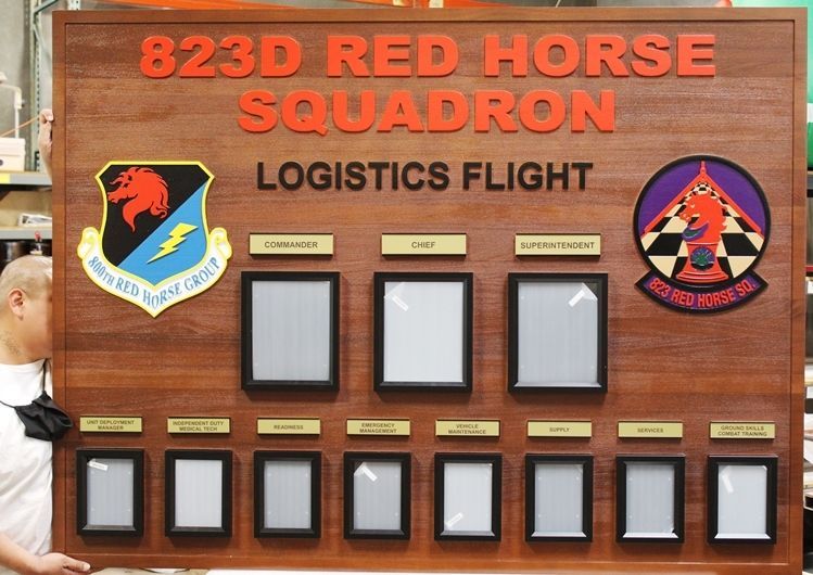 LP-9023 - Carved Redwood Chain-of-Command Photo Board for the 823rd Red Horse Squadron, USAF