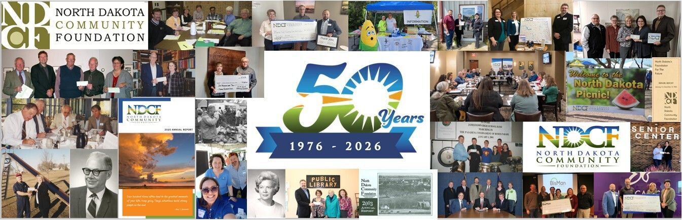 A collage of photos from the history of the foundation including grant check presentations, donors, and a large 50 logo in NDCF colors
